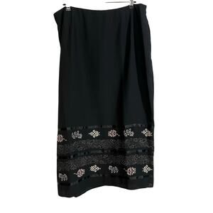 Sag Harbor Black Embroidered Midi Skirt Size 18 Floral Border Satin Trim Modest
